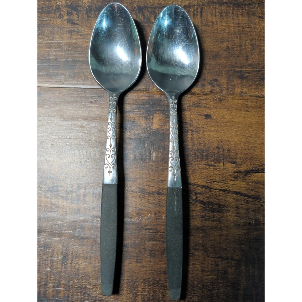 2 Interpur Stainless Black Handle Teaspoon Canoe Heart Scroll Japan Vtg